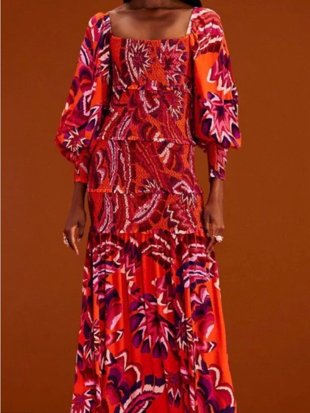 Vibrant Red Floral Tiered Maxi Dress
